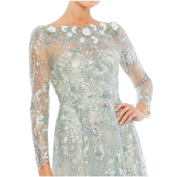 New Mac Duggal Floral Sequin Illusion Gown Mist Size 6 Elegant Evening Dress - Picture 3 of 10